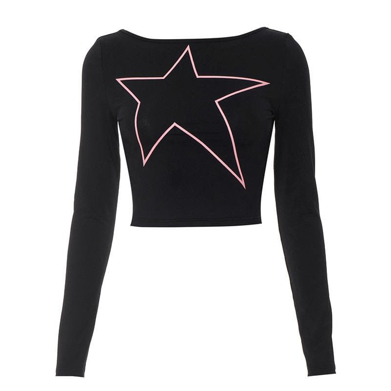 Long sleeve star pattern backless contrast crop top