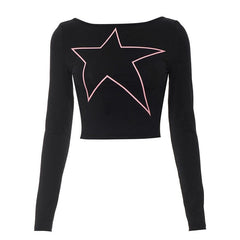 Long sleeve star pattern backless contrast crop top