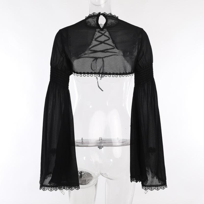 Lace hem smocked solid flared sleeve lace up shrug top