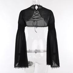 Lace hem smocked solid flared sleeve lace up shrug top