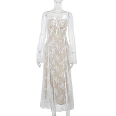 Long flared sleeve contrast zip-up lace self tie maxi dress