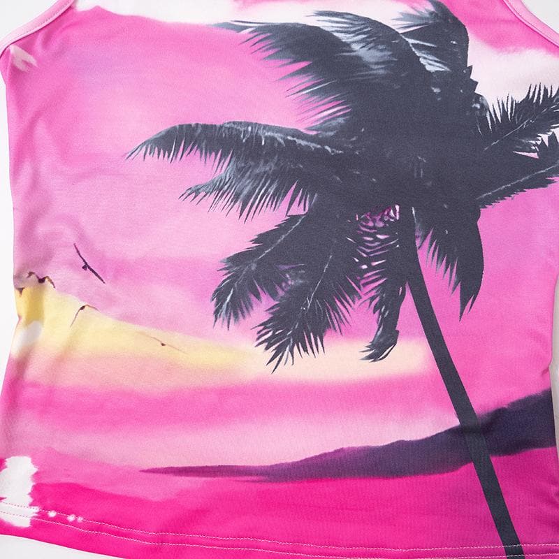 Top camisola en contraste con espalda descubierta y cuello en U con estampado playero