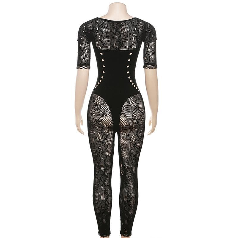 Hollow out short sleeve button fishnet solid jumpsuit