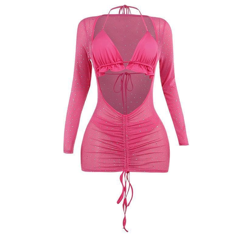 Mesh drawstring ruched long sleeve halter ruffle mini dress