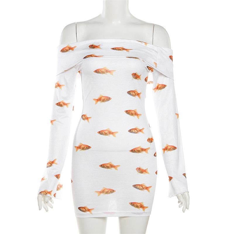 Schulterfreies, langärmliges Minikleid mit Goldfisch-Print