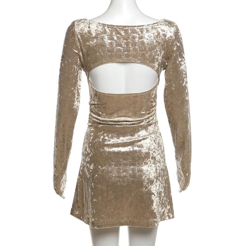 Solid velvet cowl neck hollow out long sleeve mini dress