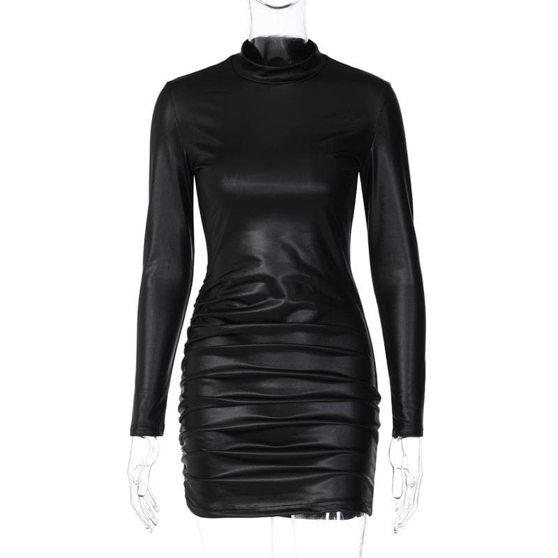 Ruched solid long sleeve high neck mini dress