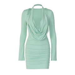 Long sleeve cowl neck halter solid mini dress