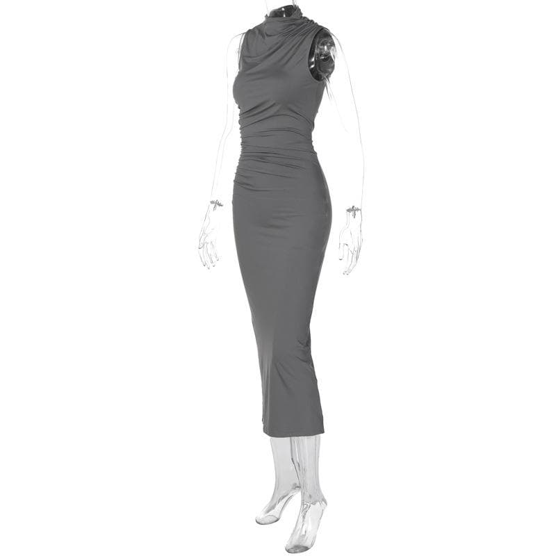 Turtle neck ruched solid sleeveless slit midi dress