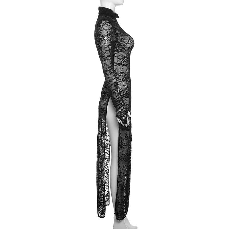 Lace long sleeve turtle neck see through slit gloves maxi dress