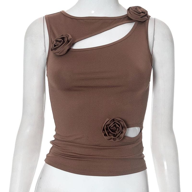 Hollow out crewneck sleeveless flower applique solid top - Final Sale