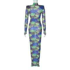 High neck padded flower print long sleeve maxi dress