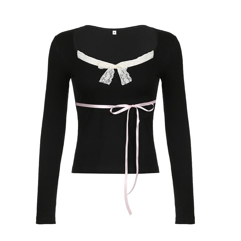 Lace hem contrast bowknot long sleeve top