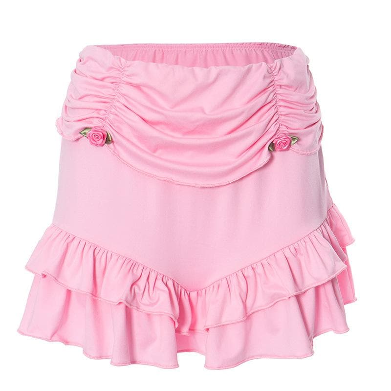 Long sleeve self tie ruched flower applique ruffle solid mini skirt set