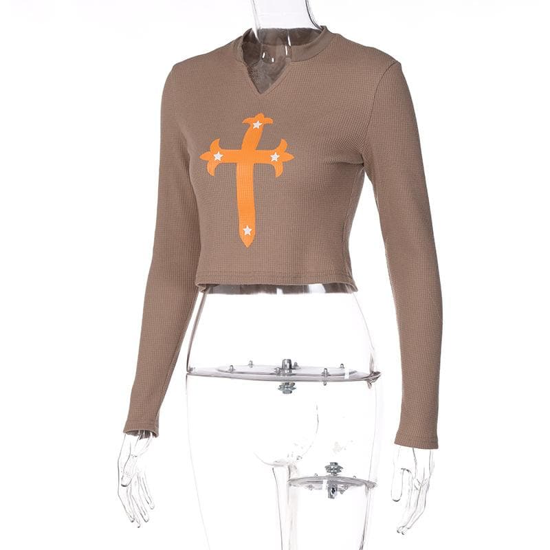 Long sleeve notch neck contrast cross pattern textured crop top