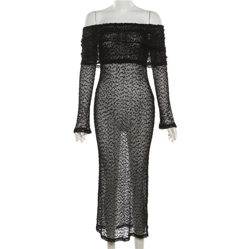 Textured glitter off shoulder long sleeve see through maxi dress