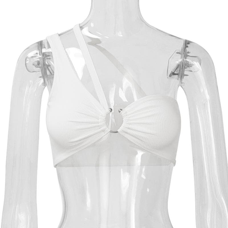 Ausgehöhltes, rückenfreies, geripptes One-Shoulder-Crop-Top mit O-Ring 