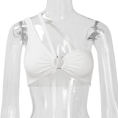 Ausgehöhltes, rückenfreies, geripptes One-Shoulder-Crop-Top mit O-Ring 