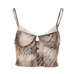 Lace hem tiger Stripe button low cut backless cami top