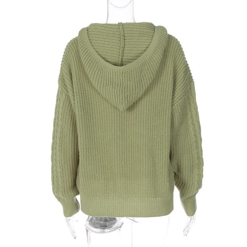 Hoodie long sleeve knitted solid v neck top