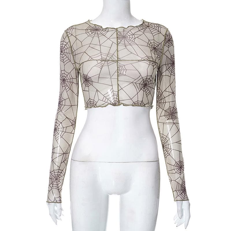 Spider web print long sleeve sheer mesh see through crop top