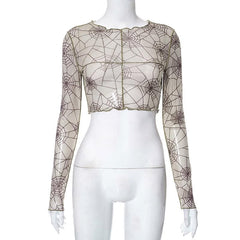 Langärmliges, transparentes Crop-Top aus Netzstoff mit Spinnennetz-Print