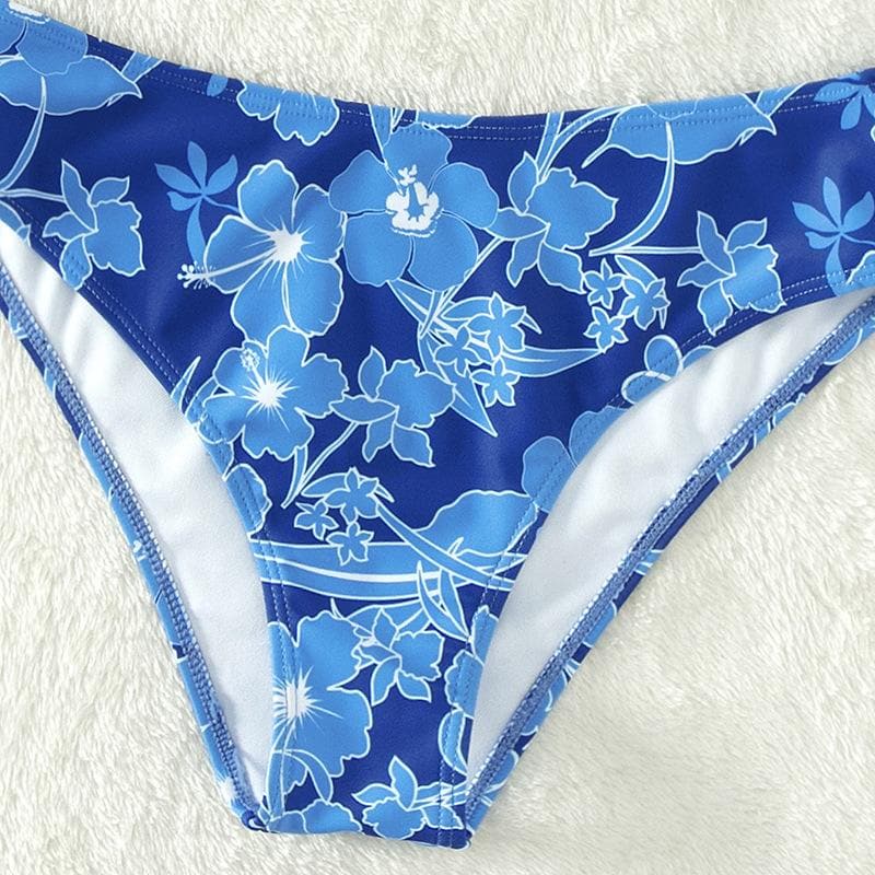 Blumenmuster Langarm Kontrast V-Ausschnitt Bikini Bademode 