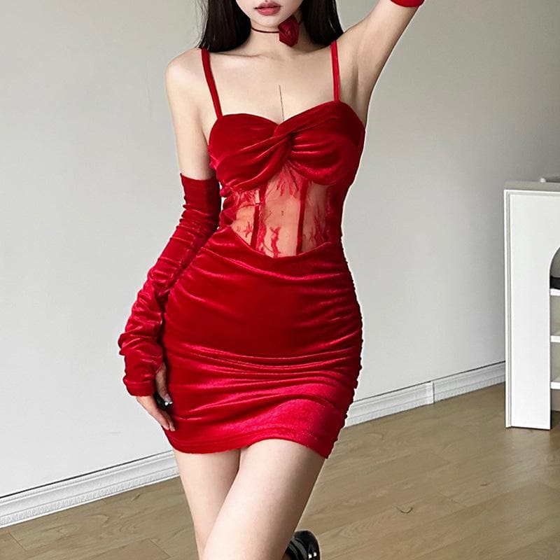 Velvet gloves ruched mesh backless cami mini dress