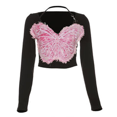 Long sleeve v neck butterfly embroidery halter contrast top