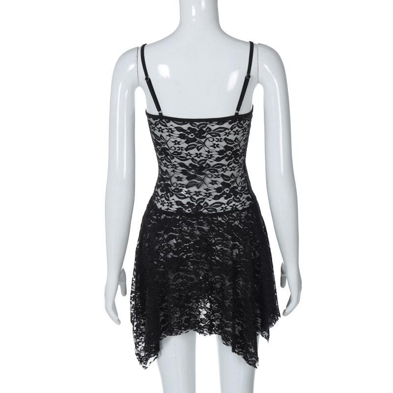 Lace see through corset solid v neck irregular cami mini dress