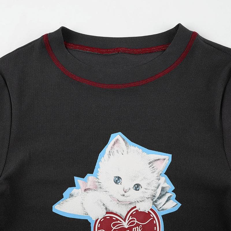 Top de cuello redondo de manga larga con contraste de puntadas y estampado de gato 