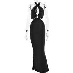 Cross front solid halter o ring backless self tie maxi dress