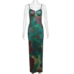 Tie dye v neck contrast hollow out backless cami maxi dress