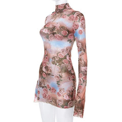 Flower print long sleeve slit sheer mesh see through high neck mini dress