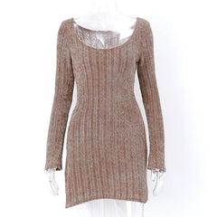 Long sleeve solid fluffy off shoulder hollow out mini dress