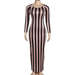 Striped print backless long sleeve contrast round neck maxi dress