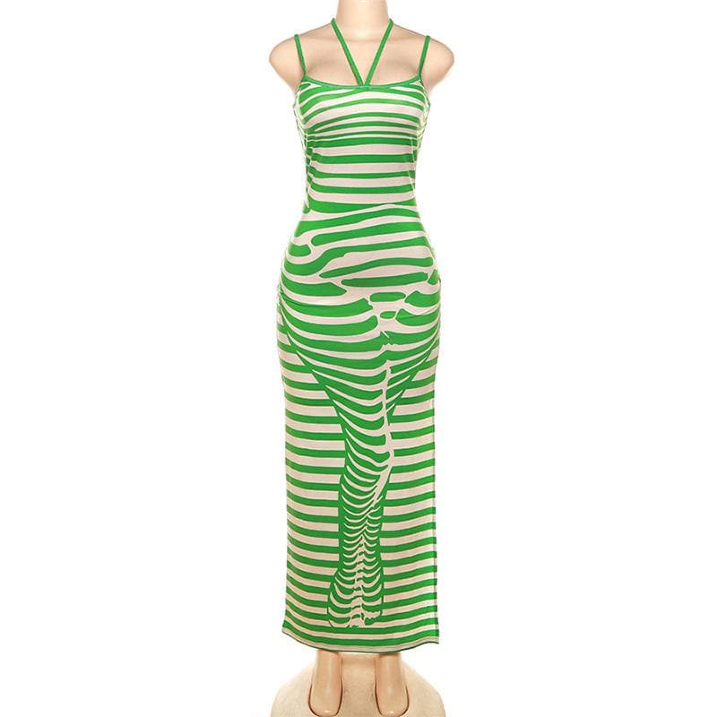 Slit halter self tie striped backless body print maxi dress