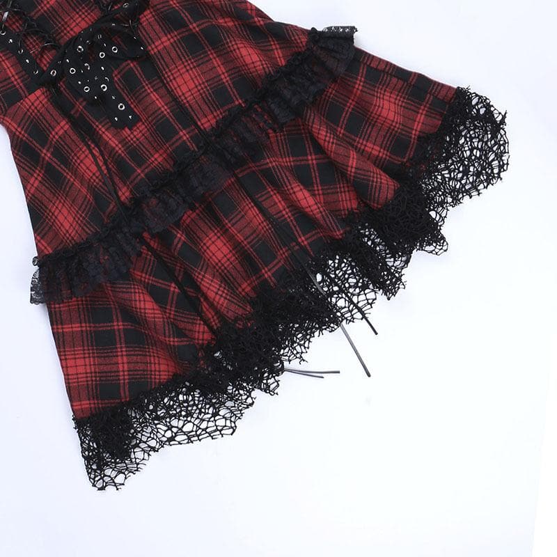 Zip-up lace hem lace up plaid backless mini dress