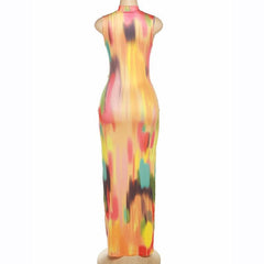 Stitch sleeveless contrast high neck maxi dress