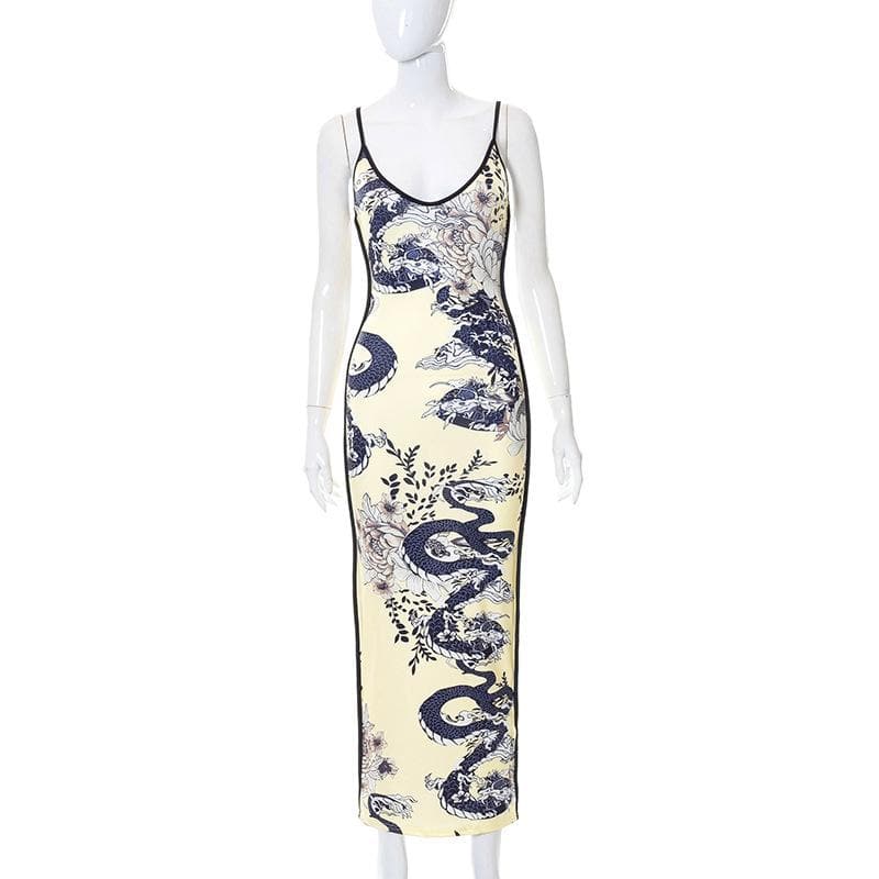 Dragon pattern v neck contrast backless cami maxi dress