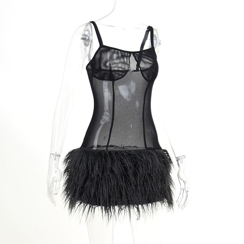 Mesh see through feather sleeveless backless mini dress