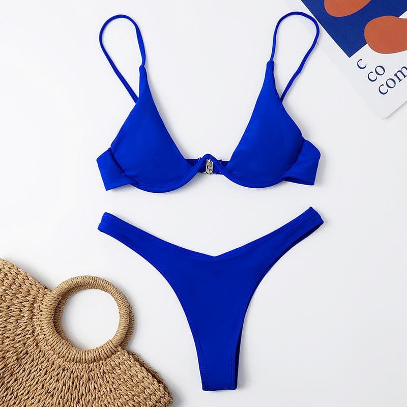 Button solid backless v neck bikini swimwear