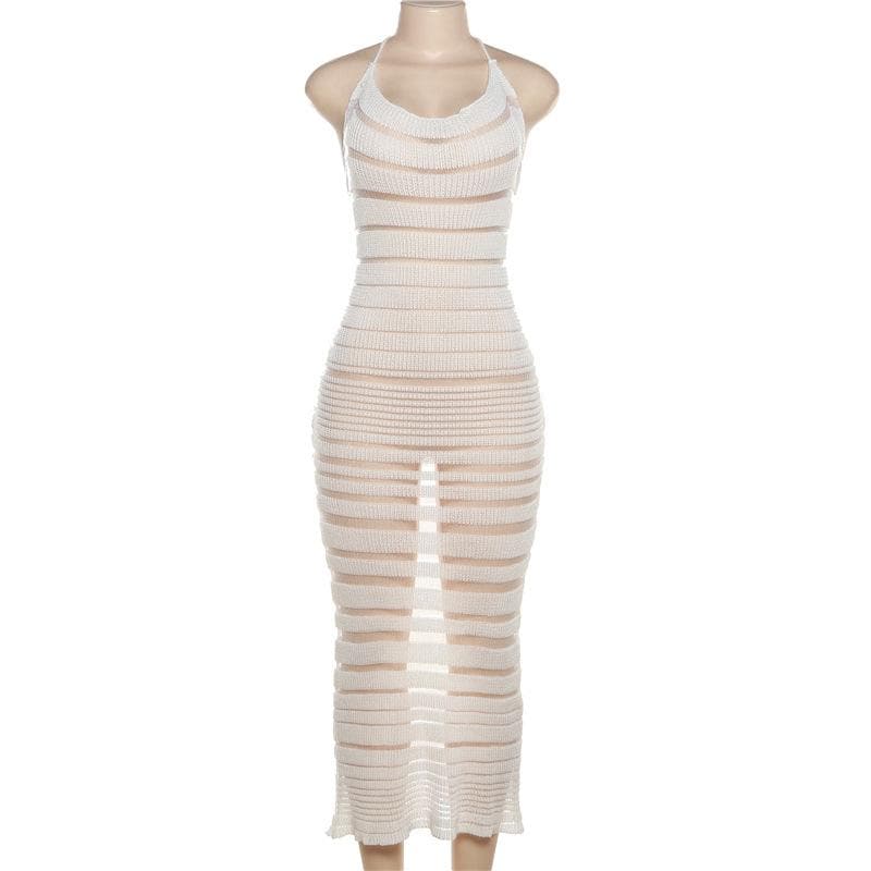 Halter self tie u neck knitted see through backless maxi dress