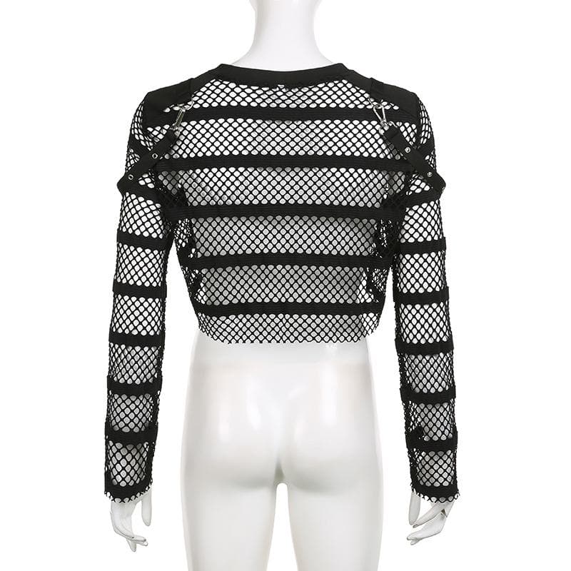 Hollow out long sleeve fishnet see through buckle solid crop top