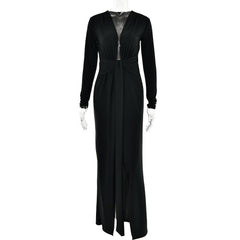 Long sleeve v neck ruched slit solid irregular maxi dress