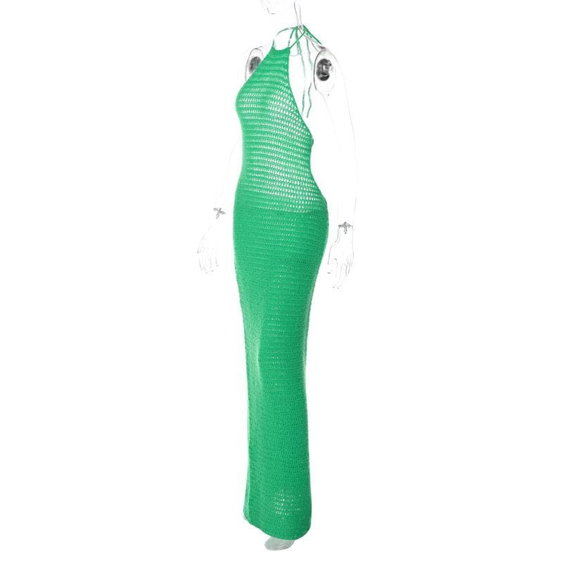 Crochet solid halter backless self tie maxi dress