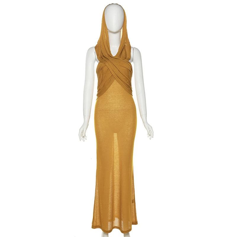 Hoodie solid cross front ruched backless sleeveless maxi dress