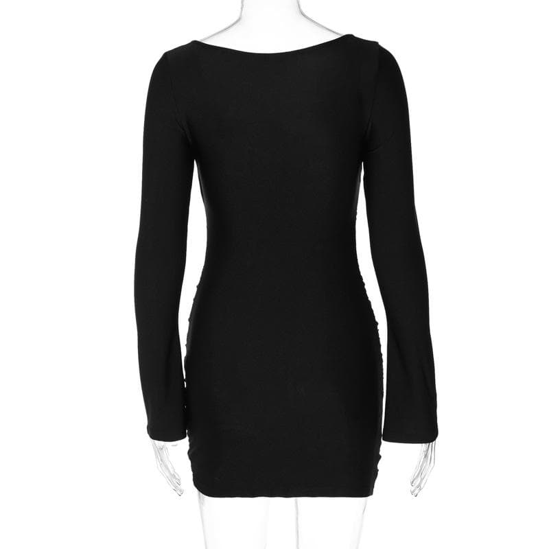 Ruched solid long sleeve v neck mini dress