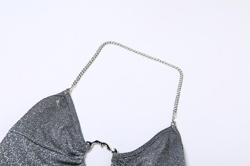 Metal chain self tie backless o ring textured crop top