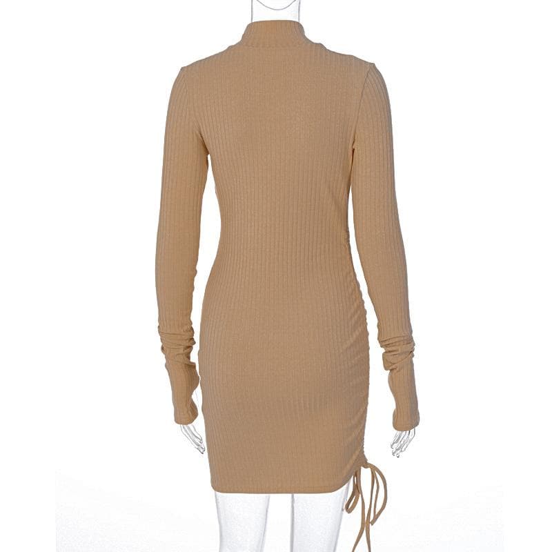 Long sleeve gloves solid drawstring high neck mini dress